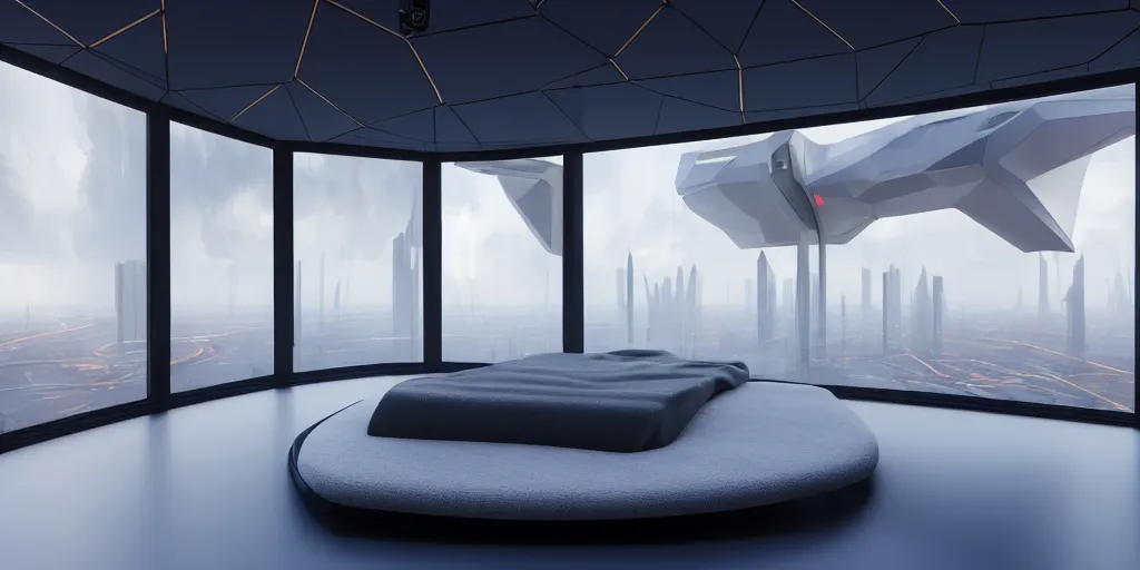 Prompt: angled closeup to a corner in a futuristic confy white bedroom, with wood and gold details and a huge futuristic glass window overlooking blade runner 2 0 4 9 city architecture, space x starship rocket launch site, environmental lighting, stormy weather and alien skies, ray tracing, amazing view, highly detailed, heavy traffic, neon shops, octane render, unreal engine 5, 4 k