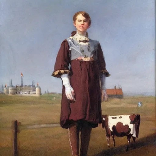 Prompt: painting by zorn, cow wearing!!! clothes!!! jeans!!! standing next to royal castle!!