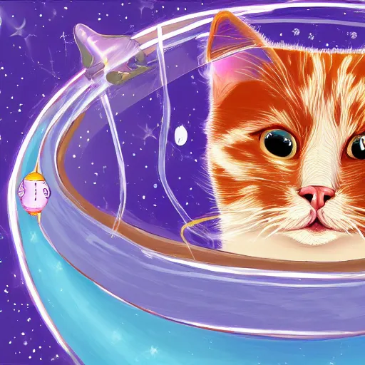 Image similar to cat swimming in space, digital art