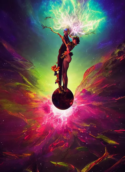 Prompt: An epic fantastic realism comic book style painting of the most beautiful entwined flowers launched across the dark cosmic sky, floating bouquets, fisheye, lightning creating life, unreal 5, DAZ, hyperrealistic, octane render, dynamic lighting
