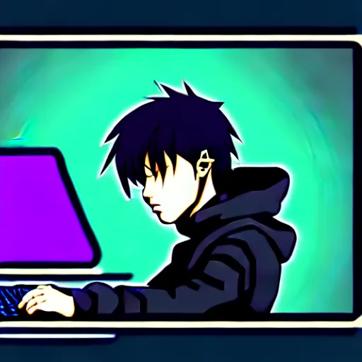 Image similar to a cyberpunk teenager boy with a black hoodie sitting behind his laptop and programming, digital art, anime style, trending on Artstation