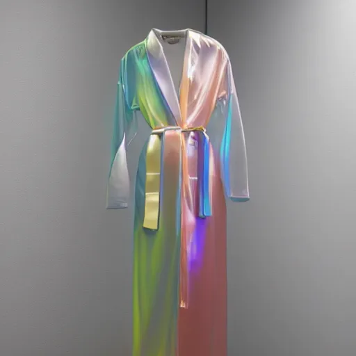 Prompt: an ultra high definition professional studio quality photograph of a transparent iridescent perspex pastel coloured robe and matching goggles on white coat hook in an empty white room. dramatic lighting, ray tracing, refraction, shallow d. o. f, colour corrected, golden ratio, three point light. volumetric shadows. god rays.