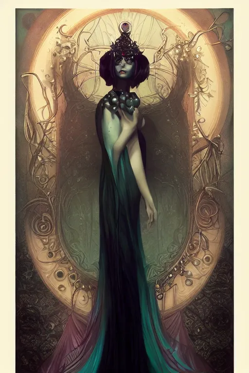 Prompt: black Crown with iridescent pearls, jewels, other worldly, art nouveau, by Anato Finnstark, Tom Bagshaw, Brom