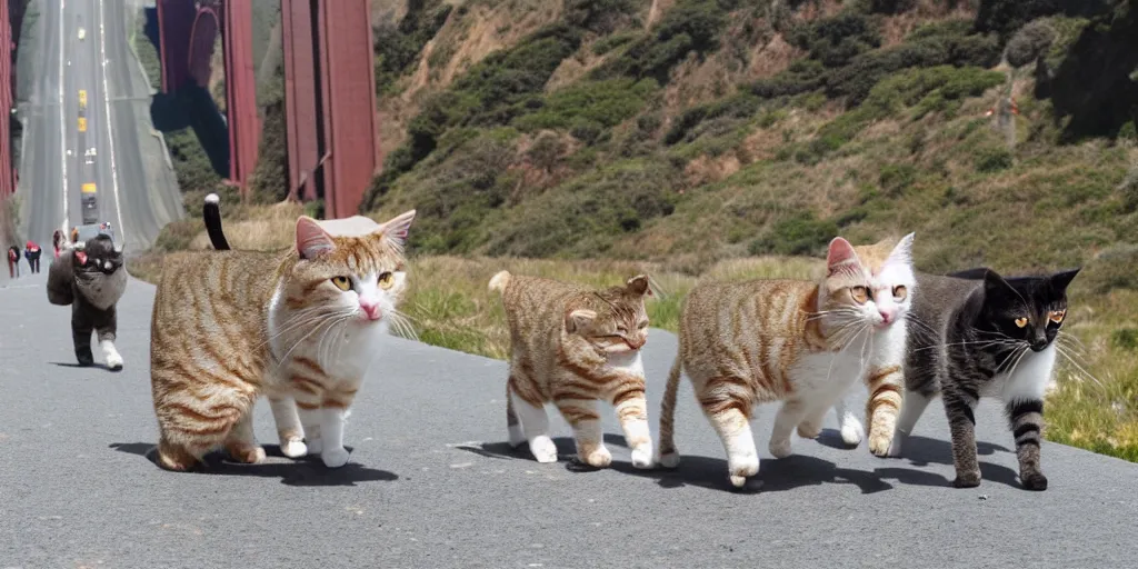 Prompt: cat gang walking across the golden gate bridge