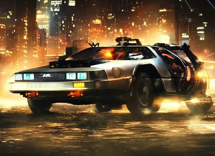 Image similar to a cyberpunk delorean breaking the space - time continuum, energy and time particles, dramatic framing, movie footage, 8 k