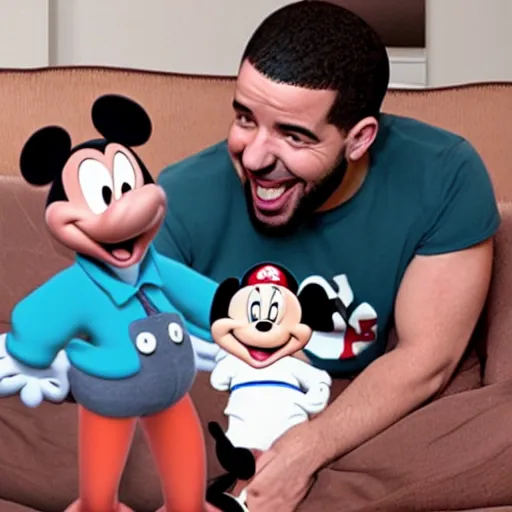 Image similar to Aubrey Drake Graham watching mickey mouse clubhouse on his tv and laughing