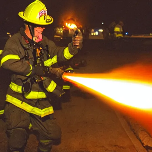 Image similar to photo of a firefighter using a flamethrower projecting a long flame. highly-detailed