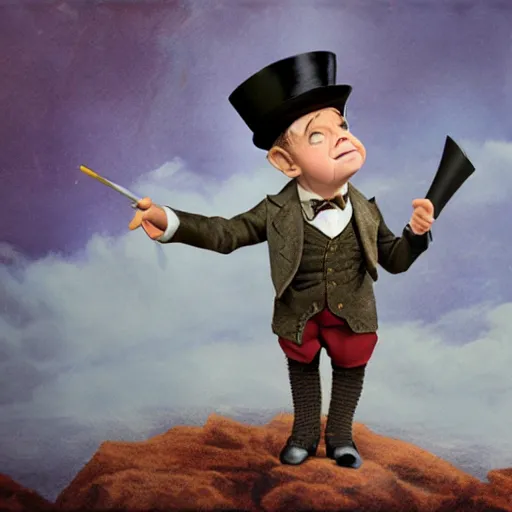 Prompt: an old halfling wearing a suit and top hat matte painting
