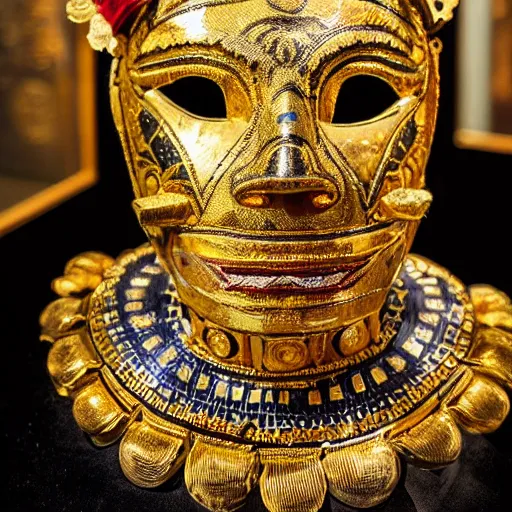 Image similar to traditional gold aztec mask with studded inlay jewels in a museum with spot lights, realistic, photography, photojournalism, national geographic photoshoot