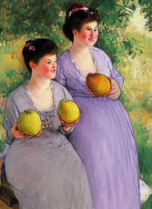 Prompt: vintage beautiful painting of two brides holding two pears in Mary Cassatt style
