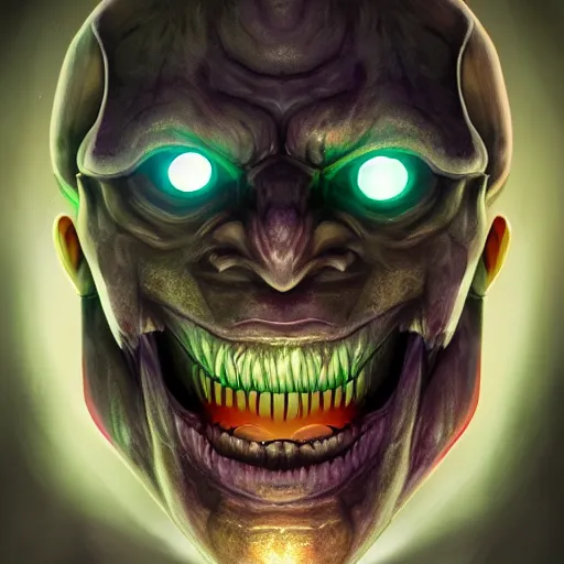 Prompt: portrait of an intimidating glowing scary giant, face and skin is multicolored, glowing eyes, hero, villain, concept art, friendly smile