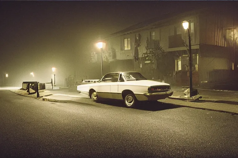 Image similar to an emty street with a car at night with only by one street light, photo by Gregory Crewdson,