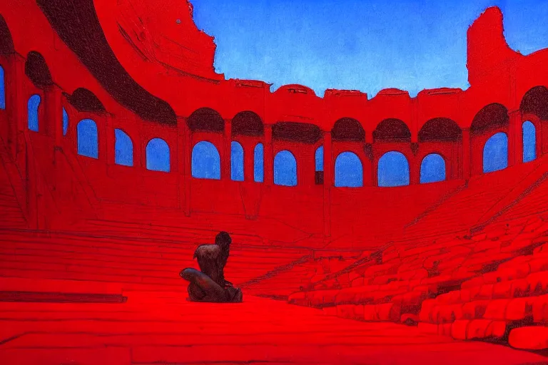 Image similar to only with red, a red melted emperor, taormina amphitheatre, crowd hails him, in the style of beksinski, parts by edward hopper, parts by rodcenko, parts by yue minjun, intricate and epic composition, red by caravaggio, insanely quality, highly detailed, masterpiece, red light, artstation, 4 k