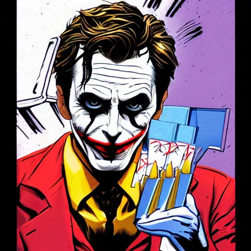 Image similar to David Tennant as the joker, single shot, long shot, eye level shot, Backlight, deep focus, award winning, illustration by  John Romita Jr.