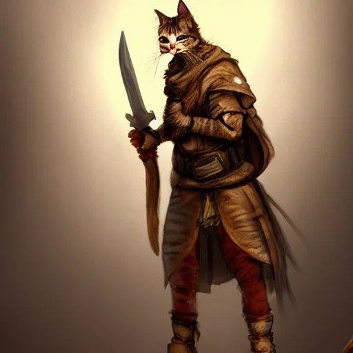 Prompt: humanoid homeless cat wearing rags and holding giant sword, concept art, d & d, fantasy, trending on artstation