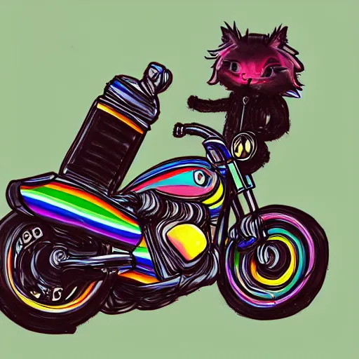 Image similar to wide angle full body, jacket wearing fluffy cute rainbow kitten wearing a black leather motorcycle jacket, riding on a motorcycle, cinematic concept art