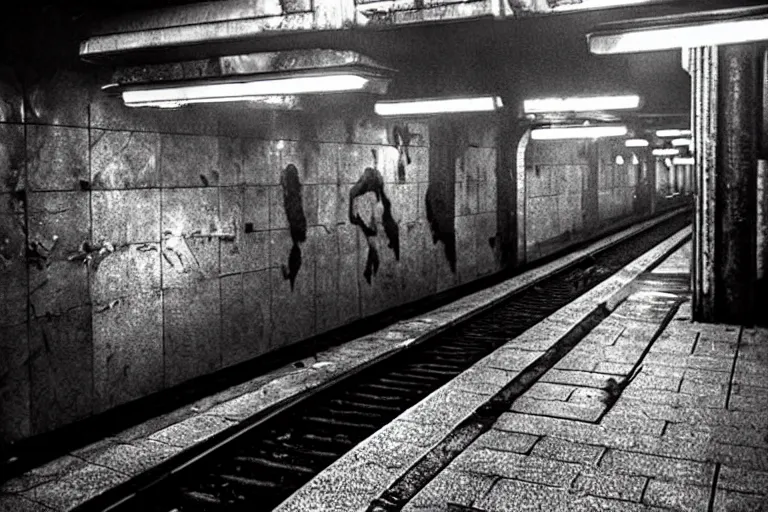 Prompt: very large giant mutant zombie irradiated rat sraying on railways in tonnel of moscow subway. extreme high detail. low dark light, night vision, scary atmosphere.