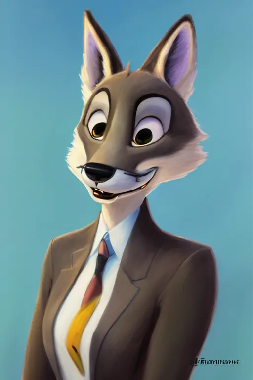 Image similar to oil painting of anthromorphic female wolf, in style of zootopia, female fursona, furry, furaffinity, 4 k, deviantart, furry art, fursona art, wearing black business suit, business suit, wolf fursona, female, smug expression,