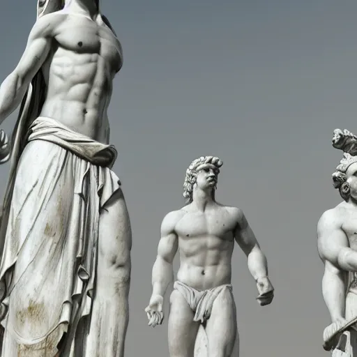 Prompt: Great Statues of Greek Gods stand tall and white in the bright sun amidst the fog of war, octane render 8K HD photorealistic