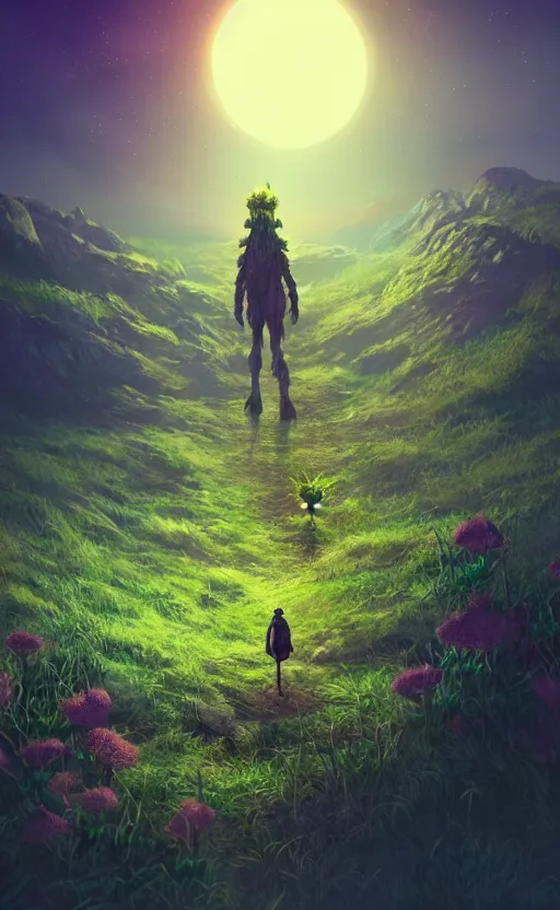 Image similar to a plant creature, plant filaments and flowers, walking on an alien planet with aliens plants, looking at an alien breathtaking landscape, cinematic lighting, concept art, artstation