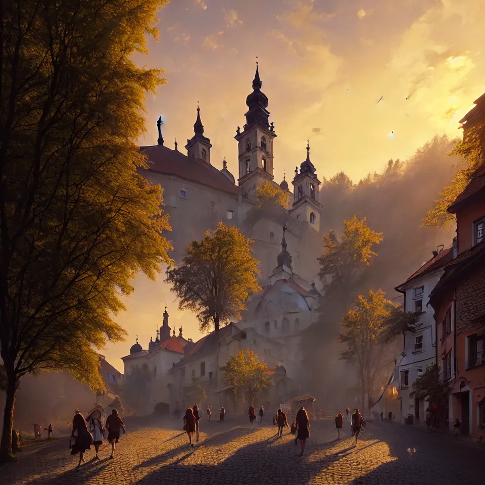 Image similar to a beautiful photo of banska stiavnica in summer with old houses and trees in sunset, sky, people walking on street, unreal engine, by greg rutkowski and james gurney, artstation