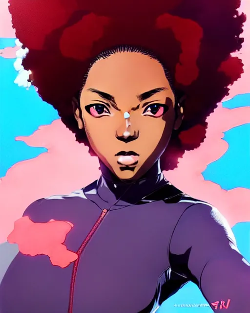 Prompt: black super hero girl | very very anime!!!, fine - face, beyonce, red afro, realistic shaded perfect face, fine details. anime. realistic shaded lighting poster by ilya kuvshinov katsuhiro otomo ghost - in - the - shell, magali villeneuve, artgerm, jeremy lipkin and michael garmash and rob rey