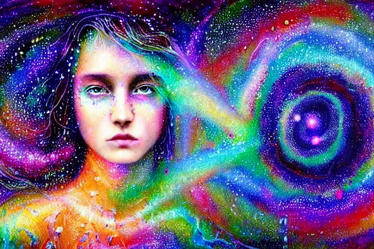 Image similar to girl finding spiritual freedom in psychedelic LSD rain with wet hair and face, morphing to stary complex spiral galaxy, fantasy, intricate, elegant, dramatic lighting, emotionally evoking symbolic metaphor, highly detailed, lifelike, photorealistic, digital painting, artstation, concept art, smooth, sharp focus, illustration, art by John Collier and Albert Aublet and Krenz Cushart and Artem Demura and Alphonse Mucha