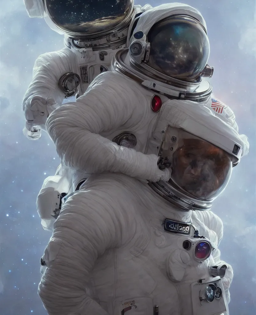 Image similar to realistic photography of an astronaut wearing an adidas space suit, deep focus, intricate, elegant, highly detailed, foggy, misterious, digital painting, artstation, concept art, matte, sharp focus, illustration, art by artgerm and greg rutkowski and alphonse mucha