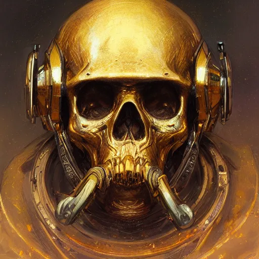 Image similar to three quarter view of gold skull helmet face mask by donato giancola and greg rutkowski, vintage retro scifi, realistic face, digital art, trending on artstation