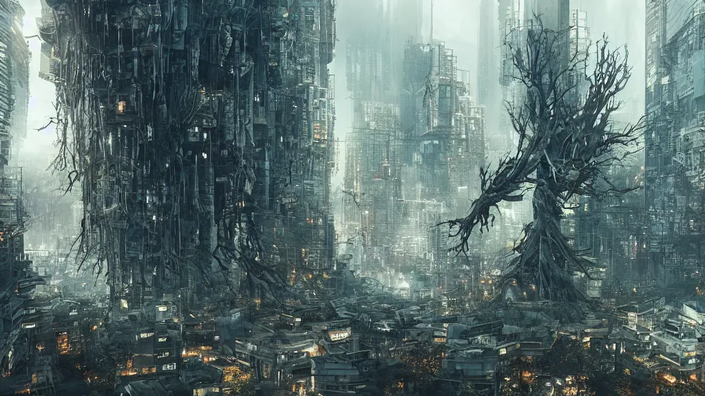 Prompt: a terrifying tree destroying a dystopian city, cyberpunk, sharp focus, dynamic lights, still, photograph, hyper realistic, masterpiece, octane render, rendered, 3 d, cinematic, cinematic lighting, dramatic lighting, highly detailed, intricate details, texture, cinematic composition, wide shot, by donglu yu and kevin jick and eddie del rio