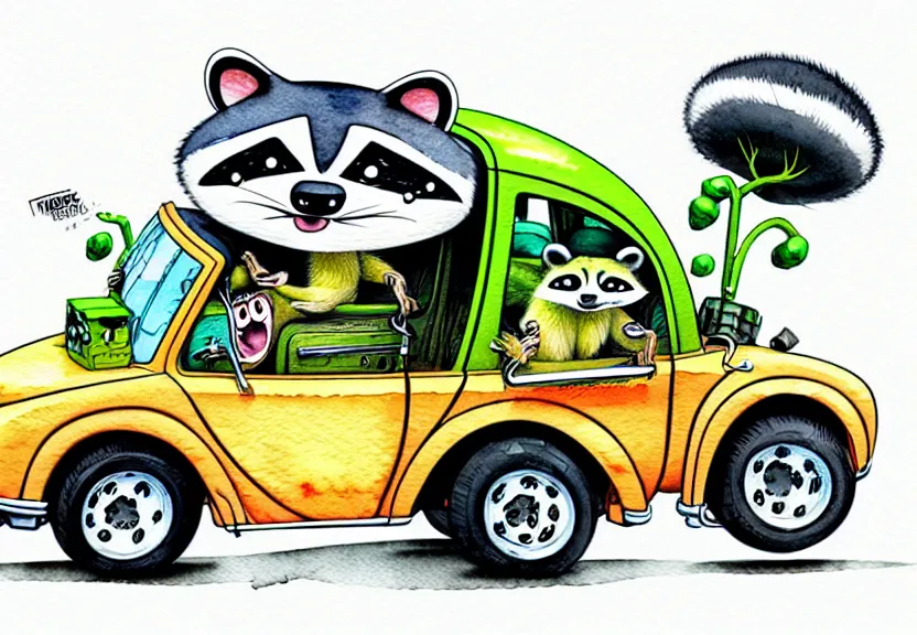 Prompt: cute and funny, racoon riding in a tiny hot rod truck with ( very ) oversized engine, ratfink style by ed roth, centered award winning watercolor pen illustration, isometric illustration by chihiro iwasaki, edited by range murata