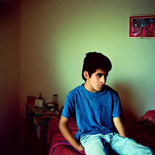 Image similar to masterpiece portrait portrait portrait portrait of a photogenic cinegenic mexican teenager facing camera, chaotic teenage bedroom, bokeh, volumetric lighting, sunny day, heat haze, perfect framing, smoke, dramatic lighting, dust particles, interior shot, f2, anamorphic lens, great photographers, best photos of all times, 2004, by Annie Leibovitz, by Steve McCurry