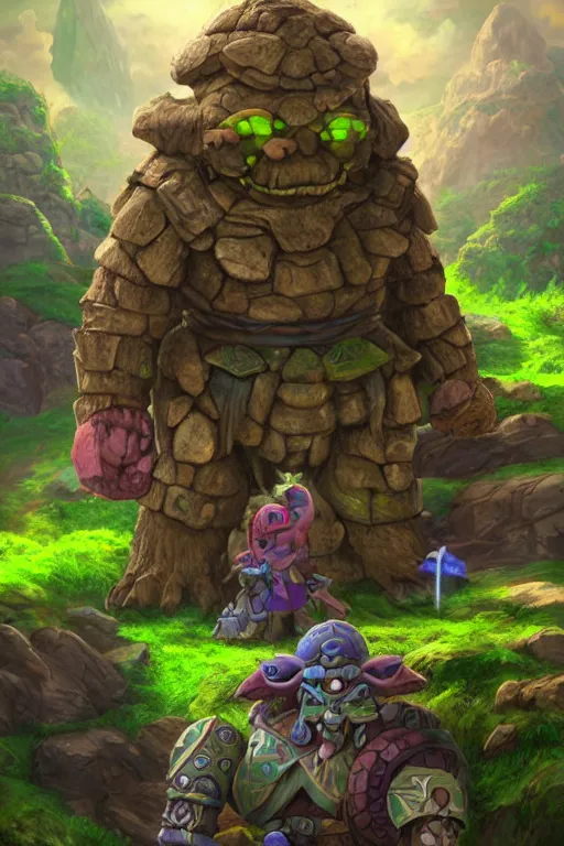 Image similar to zelda fantasy art giant golem troll wood rock greeble gemstone, global illumination ray tracing hdr fanart arstation by sung choi and eric pfeiffer and gabriel garza and casper konefal bastion forged hardmesh lisa frank zbursh central