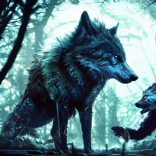 Image similar to a beautiful photograph of a biopunk wolf and a biopunk fox fight. intricate, epic lighting, cinematic composition, hyper realistic, 8 k resolution, unreal engine 5, by artgerm, tooth wu, dan mumford, beeple, wlop, rossdraws, james jean, marc simonetti, artstation