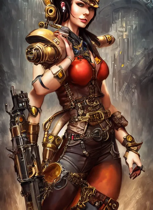 Image similar to front portrait of attractive Lady Mechanika holding a shotgun with both hands, Intrincate background with steampunk imagery , D&D!, fantasy style, sharp focus!, ultra detailed, art by Artgerm and Peter Andrew Jones, WLUP