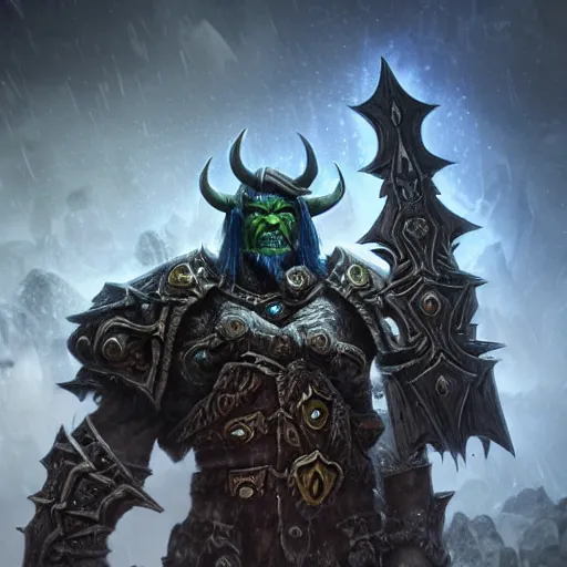 Image similar to epic world of warcraft orc warrior chief thrall standing in front of a gigantic throne made of dark ice with a dark sky above made of a dark hurricane spiral, extremely detailed, wow, cinematic, unreal engine 5, artistic, movie poster, world of warcraft cinematics style