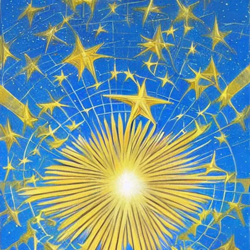 Image similar to a giant blue star inside a golden artificial megastructure, highly detailed artwork, acrylic painting