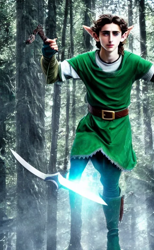 Image similar to epic cinemati shot of Timothee Chalamet starring as Link from Legend of Zelda, 8k movie scene, elf ears, long blonde hair, +++ super super super dynamic posing, super serious facial expression, holding a sword & shield, ocarina of time movie, concept photos, dynamic lighting, dynamic shaders, night time, in the forest, fairy light above