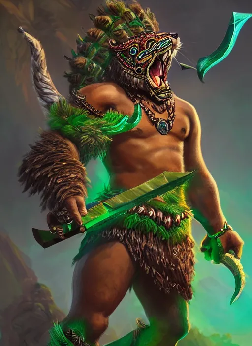 Image similar to a highly detailed illustration of fierce young aztec jaguar warrior boy wearing green jaguar mane, heroic roaring wielding aztec sword pose, muscular, intricate, elegant, highly detailed, centered, digital painting, artstation, concept art, smooth, sharp focus, league of legends concept art, wlop