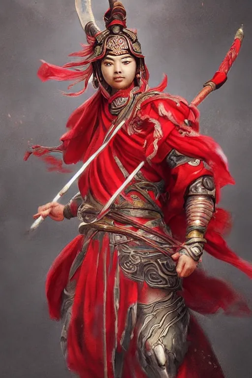 Image similar to a masterpiece portrait of nezha, red cloth around his shoulders, hold spear, cinematic, fantasy character portrait, highly detailed, by ne zha ( 2 0 1 9 ), fenghua zhong,