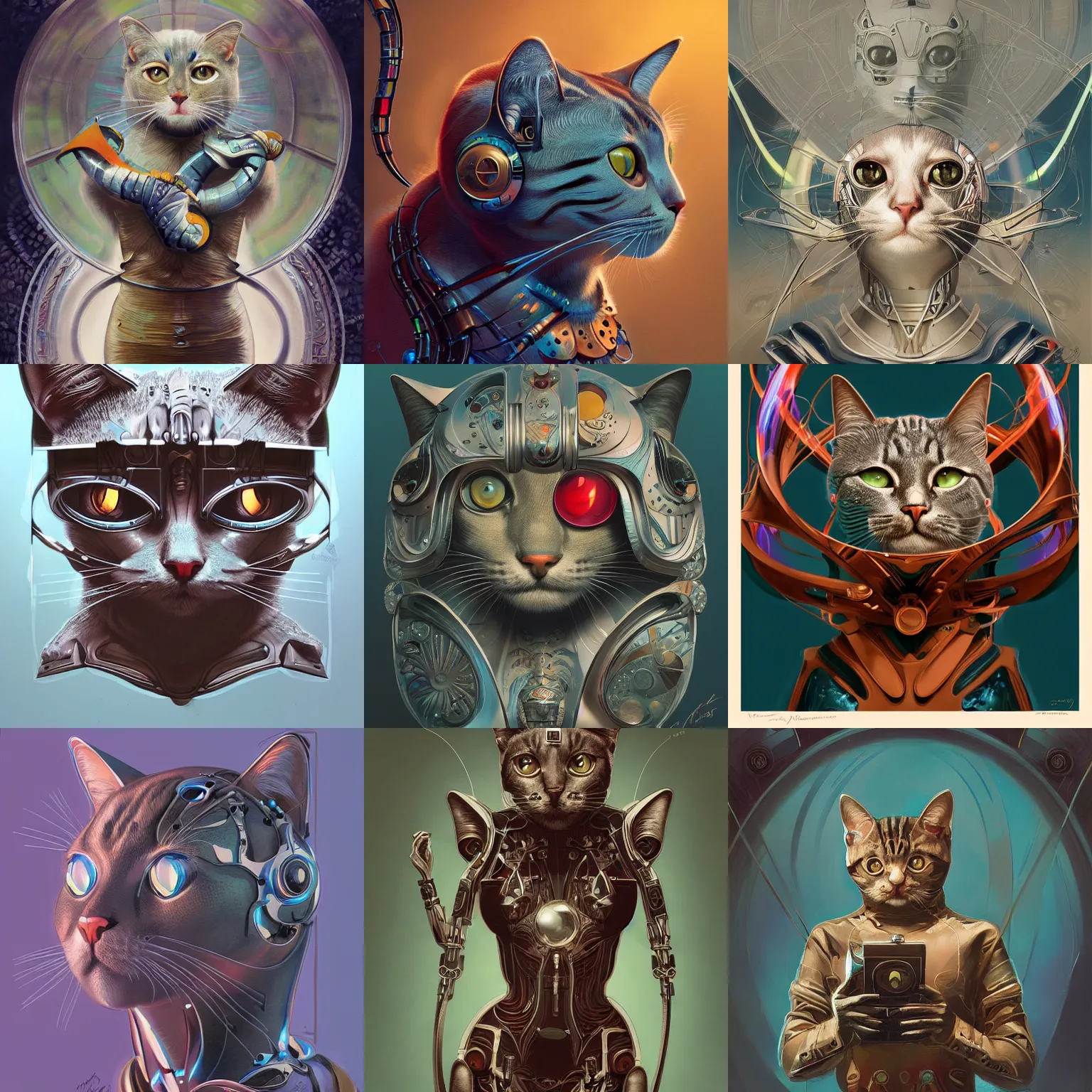 Prompt: Cat cyborg, art deco design, by Mandy Jurgens and Warhol, Ernst Haeckel, James Jean, artstation, concept art