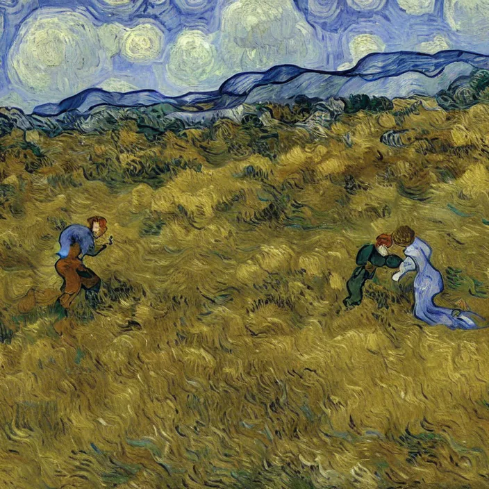 Image similar to adult man and woman playing on the open moorland, painting by van gogh