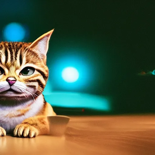 Image similar to Portrait of Lil Bub, splash art, movie still, cinematic lighting, dramatic, octane render, long lens, shallow depth of field, bokeh, anamorphic lens flare, 8k, hyper detailed, 35mm film grain