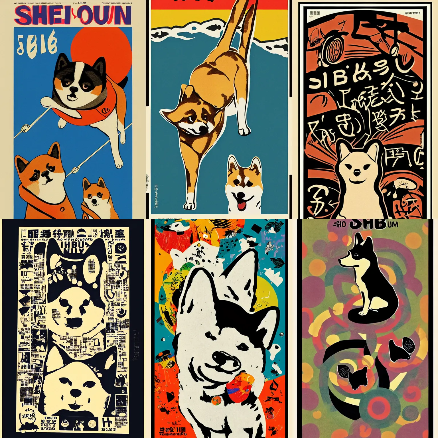 Image similar to Shiba Inu 60s poster, in the style of a music poster 1968