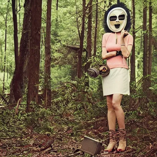 Prompt: a woman with a mask made of garbage and junk in a forest, vogue magazine