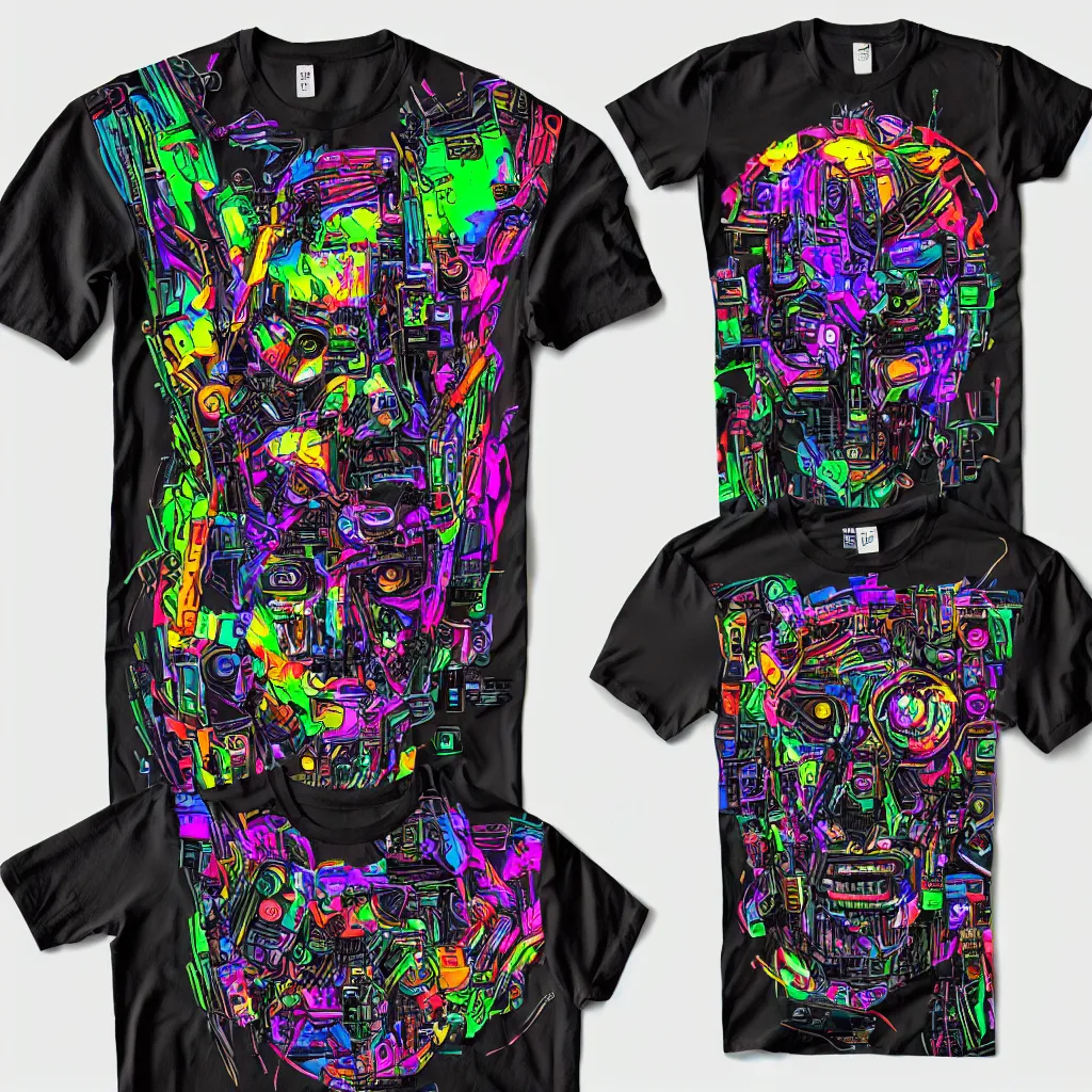 Image similar to mockup of a black tshirt with a hyperdetailed portrait of a trippy cyberpunk robot, 8 k, symetrical, flourescent colors, happy mood, multicolored,