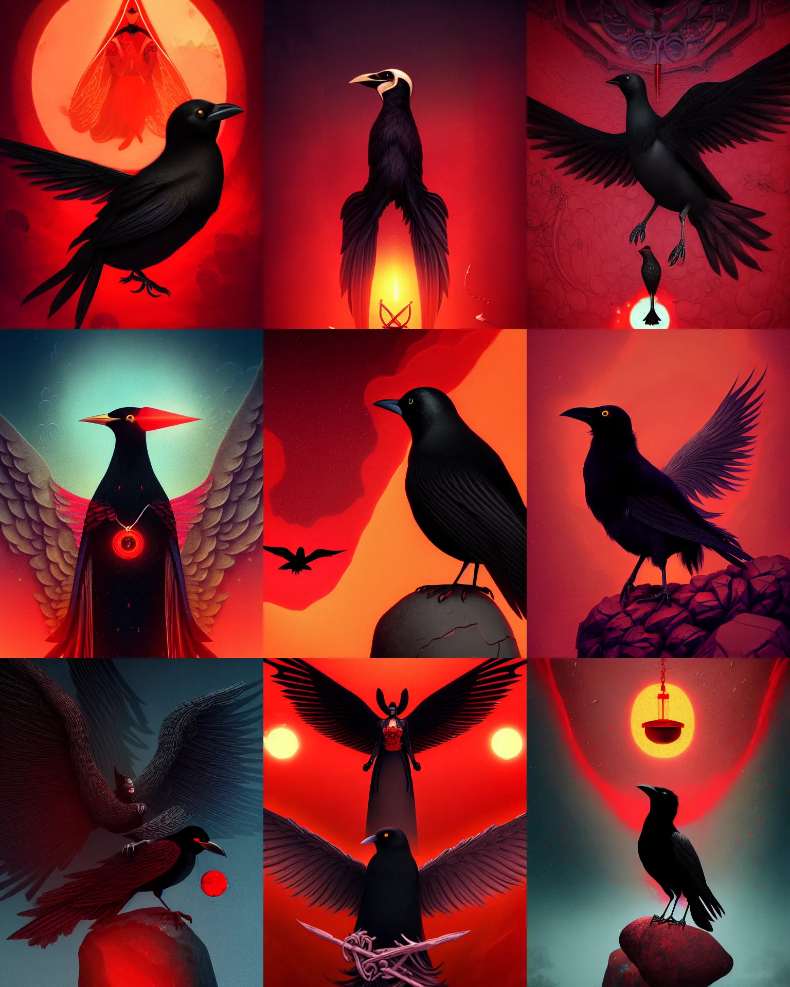 Prompt: beautiful digital fantasy illustration of a black bird with a red background, vanitas, wiccan, tarot card, angel sitting on a rock, cowboy plague doctors, abyssal warmth, octane render, detail texture, unreal engine, poster art by victo ngai, 8 k, photographic quality, ultra hyper realistic quality