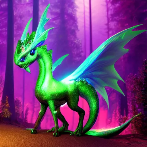 Prompt: brightly lit fairy dragon in a dim dark forest colorful 4 k path traced high definition detailed artstation realistic trending dramatic lighting