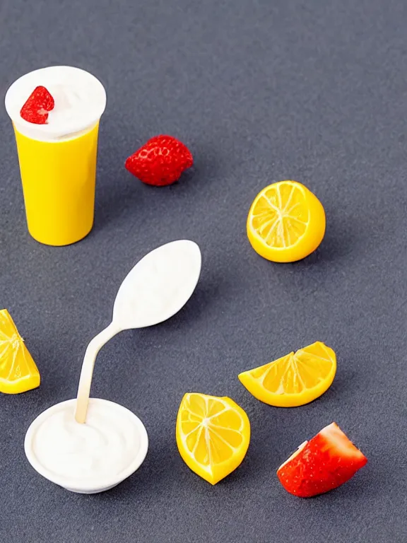 Image similar to miniature isometric diorama of yogurt with fruits, colorful