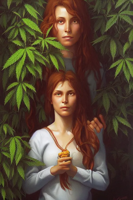 Prompt: a portrait of a girl get eating by cannabis vine art by christophe vacher